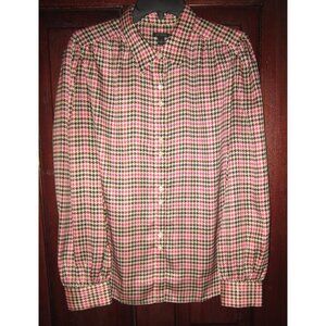Ann Taylor L Button Blouse Shirt Top Plaid Houndstooth Print Pleated Puff Sleeve
